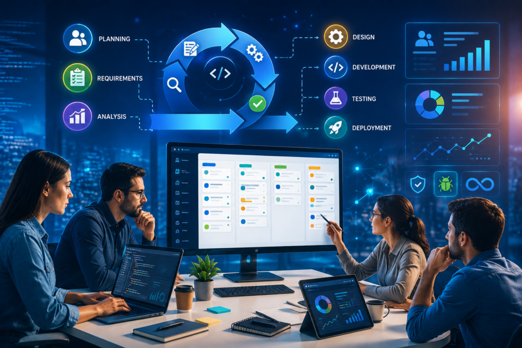 this a banner for an article to Discover everything about Software Project Management, including planning, execution, risk management, Agile methods, project lifecycle, and industry best practices.