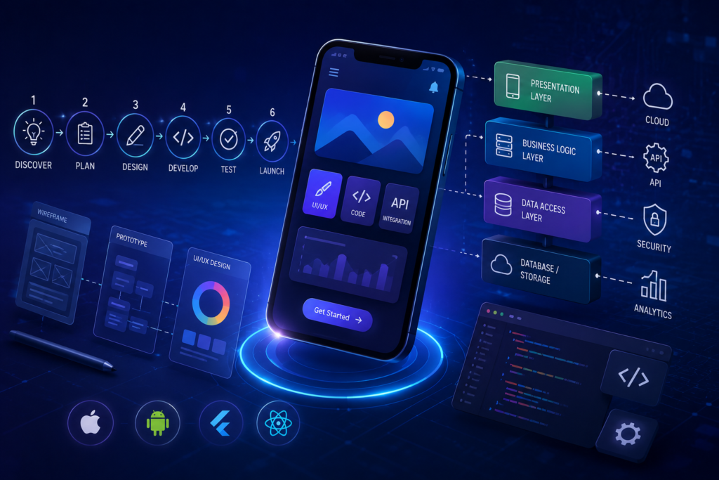 Professional 3D illustration of the mobile app development process featuring smartphone UI, software architecture, UI/UX design, coding, API integration, testing, deployment, cloud services, and cross-platform Android and iOS development.
